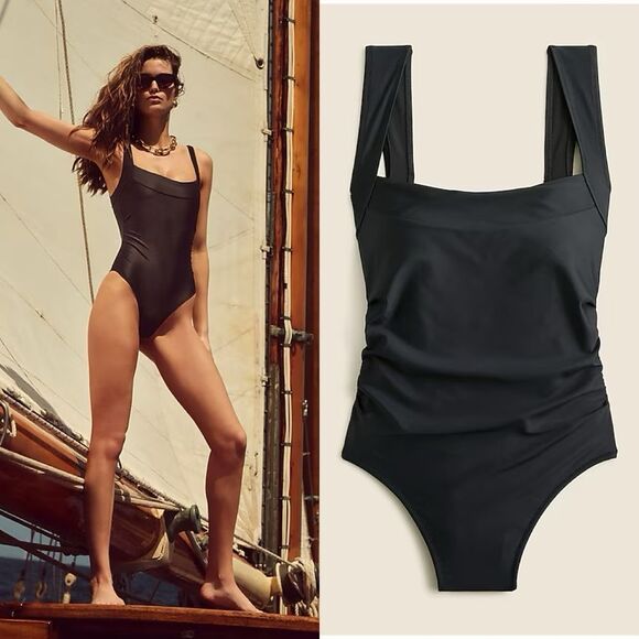 NWT J CREW Long-torso ruched squareneck one-piece swimsuit in black - Picture 1 of 8
